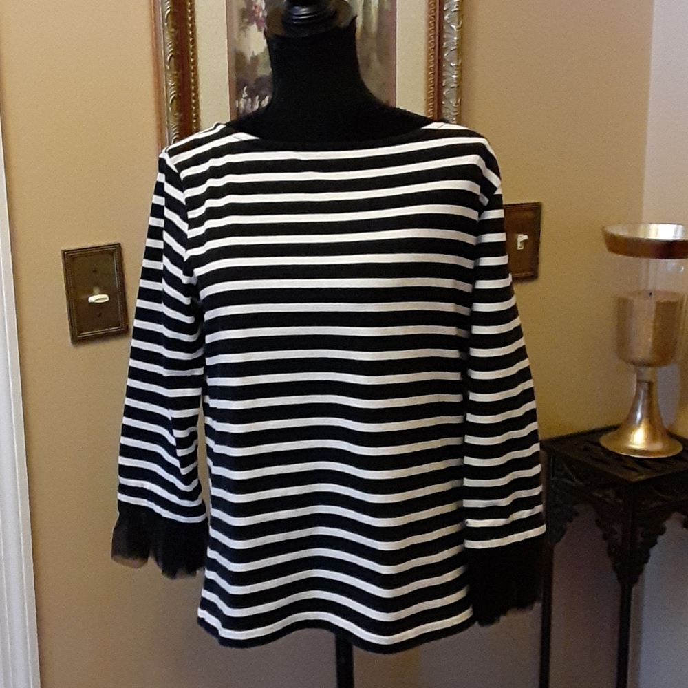 J. Crew black white stripe top net trim sleeve Boat neck 3/4 sleeve Medium EUC…